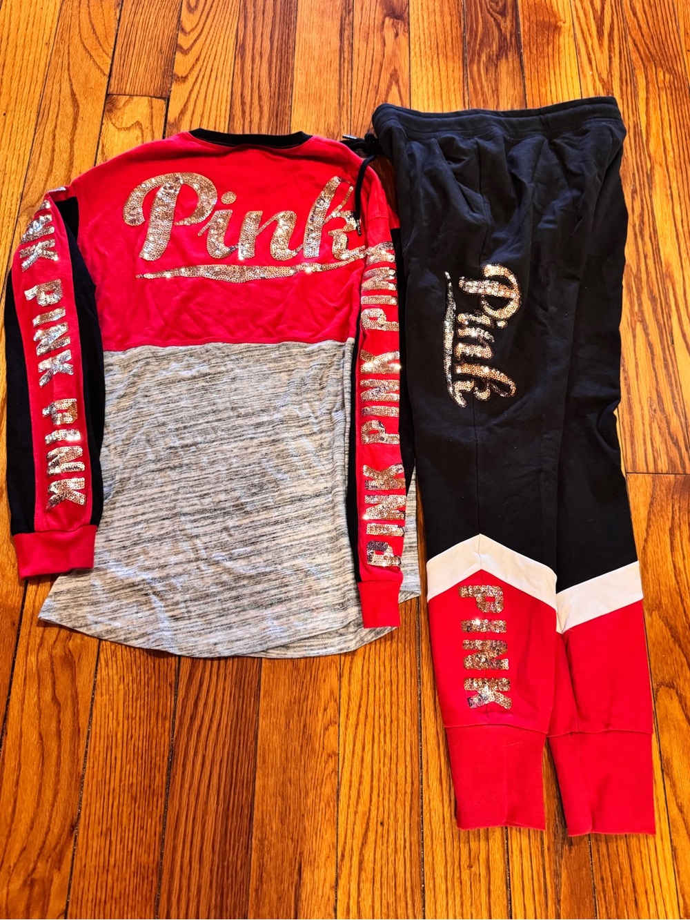 PINK Sequin Logo Two-Piece Lounge Set in Red, Black & Gray